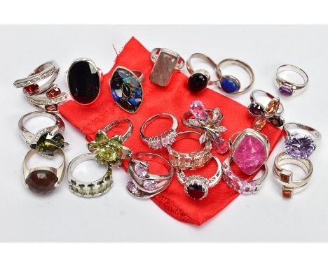 A SELECTION OF WHITE METAL RINGS, twenty one dress rings, all set with either semi-precious gemstones or cubic zirconia, ring