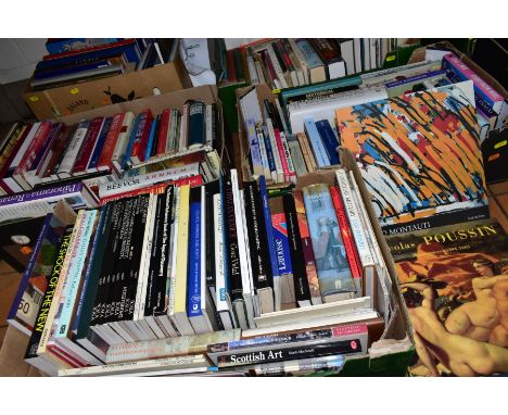BOOKS, five boxes containing approximately one hundred and eighty titles in hardback and paperback format including art, ency