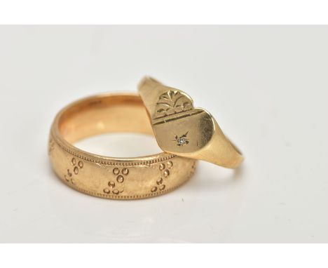 TWO 9CT GOLD RINGS, a yellow gold patterned band ring, detailed with grain and beading, approximate width 6mm, hallmarked 9ct