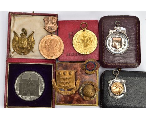 AN ASSORTMENT OF MEDALLIONS AND COINS, to include a silver medallion, signed 'Lozells.s.c snooker handicap 1928-9' hallmarked