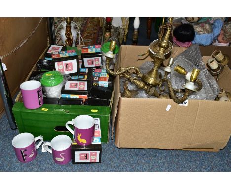 TWO BOXES AND LOOSE LAMPS, LIGHT FITTINGS, PICTURES AND BOXED MUGS, to include two pairs of  brass branched light fittings, o