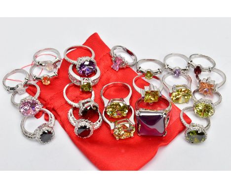 A SELECTION OF WHITE METAL RINGS, twenty one dress rings, all set with either semi-precious gemstones or cubic zirconia, ring