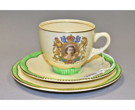 A CLARICE CLIFF NEWPORT POTTERY TRIO, to commemorate the coronation of Elizabeth II 1953, Regd. No 840076, printed marks (3) 