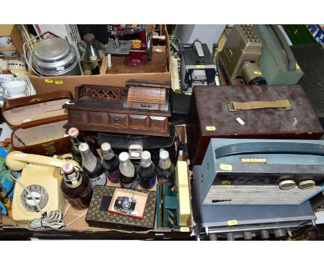 TWO BOXES AND LOOSE OF PROJECTORS, PHOTOGRAPHIC EQUIPMENT, RADIOS, ETC, to include two Marconi Transistor Seven radios, a woo