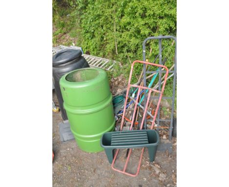 A BLACKWALL BLACK 330L COMPOST CONVERTER TUB, height 110cm, a green water butt, height 100cm (no lid), red folding sack truck