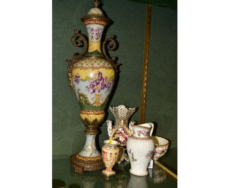 FIVE PIECES OF DECORATIVE CERAMIC ITEMS, comprising a Royal Worcester water jug and bowl, pattern number 5969, date marked fo