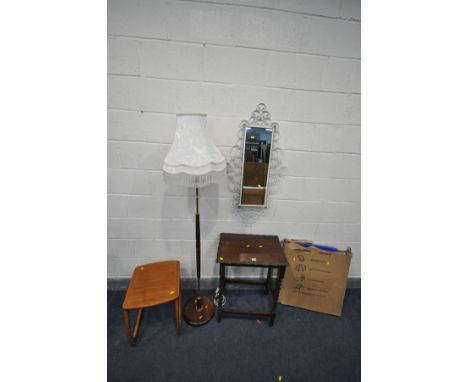 A LATE 20TH CENTURY OAK BARLEY TWIST  OCCASIONAL TABLE, a Nathan teak occasional table, a wood and brassed standard lamp, a w