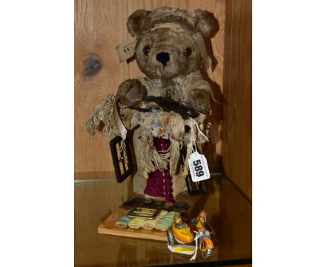 A VINTAGE ZZ TIN PLATE TOY MOTORCYCLE AND SIDECAR, AND A BUTTON SELLER TEDDY BEAR, the ZZ Germany 'Sport' toy motorcycle and 
