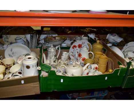 SIX BOXES OF CERAMIC TEA WARES, to include a fifteen piece Beswick Zorba tea set, mid twentieth century tea wares by J &amp; 