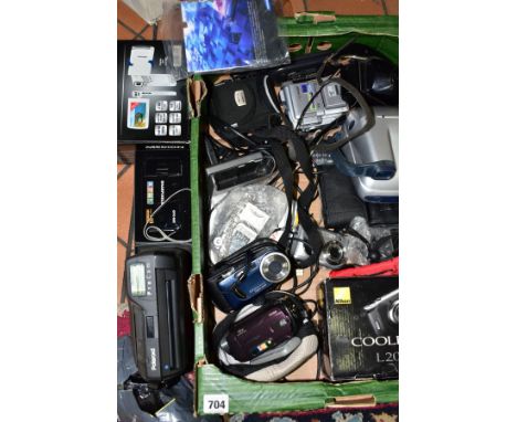 A BOX OF PHOTOGRAPHIC EQUIPMENT, including a Polaroid ProCam, a boxed Nikon Coolpix L20 digital camera, a boxed Medion digita
