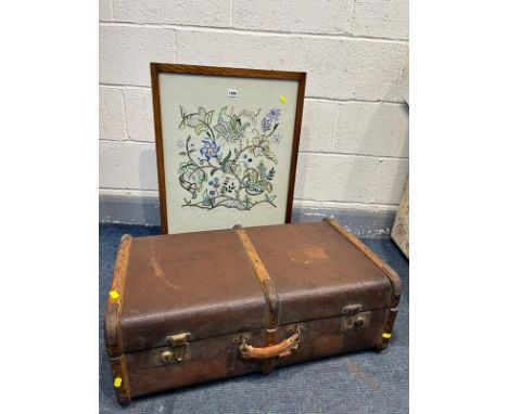 AN OAK TAPESTRY FIRESCREEN, and a travelling suitcase (2)
