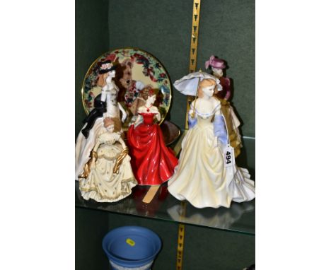 FIVE FIGURINES COMPRISING ROYAL WORCESTER 'SUMMER ROMANCE' &amp; 'KNIGHTSBRIDGE', Coalport 'Hyde Park', Royal Doulton HN5158 