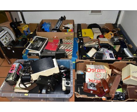 SEVEN BOXES OF CAMERAS, PHOTOGRAPHIC EQUIPMENT AND SUNDRY ITEMS, to include a boxed Polaroid 4 x 5 Land Film Holder, a quanti