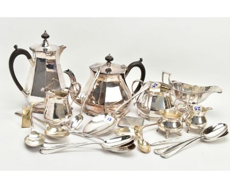 A TEA SERVICE SET AND CUTLERY, to include a silver-plated four piece faceted tea set, together with a faceted gravy boat, a w