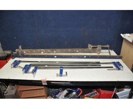 TWO SASH CRAMPS AND FOUR QUICK RELEASE CLAMPS, sashes are 150cm and 120cm, two quicks at 100cm and two at 80cm (6)