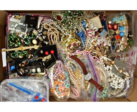 A BOX OF ASSORTED COSTUME JEWELLERY,  to include a selection of beaded necklaces, a wide variety of clip on earrings, wristwa