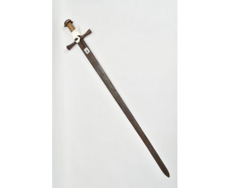 A MEDIEVAL STYLE SWORD, POSSIBLY EUROPEAN IN MANUFACTURE IN THE KASKARAS STYLE, the blade is approximately 88cm in length, bl