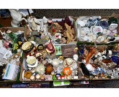 FIVE BOXES OF CERAMIC FIGURES, CHARACTER JUGS, RESIN CHESS PIECES, ETC, including Szeiler donkeys and giraffe, Shorter &amp; 