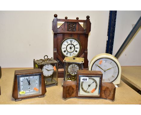 SIX ASSORTED LATE VICTORIAN TO MID 20TH CENTURY MANTEL CLOCKS, comprising a walnut and chrome keyless wind clock, height 13cm
