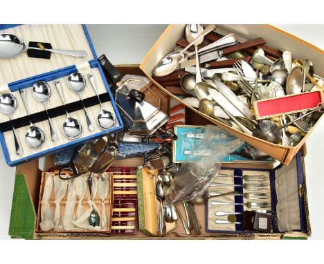 A BOX OF WHITE METAL WARE, to include a pair of silver sugar tongs hallmarked Birmingham, a three piece EPNS tea service set 