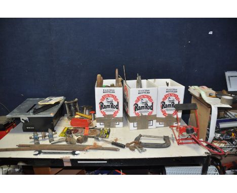 THREE TRAYS CONTAINING HAND TOOLS including three Record G clamps, a Woden G Clamp, a Wickes Tile cutter, some lead solder st