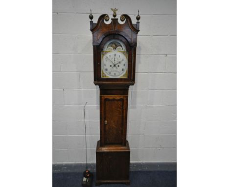 A GEORGE III OAK AND MAHOGANY EIGHT DAY LONGCASE CLOCK, the hood with a swan neck pediment, brass finials, square block finia