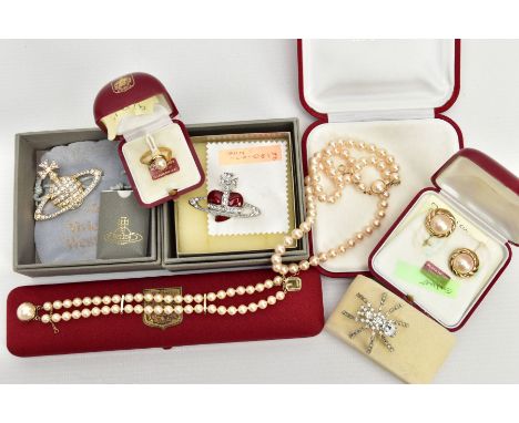 TWO VIVIENNE WESTWOOD BROOCHES AND MAJORCA JEWELLERY, a yellow metal brooch set with circular cut cubic zirconia stones and a
