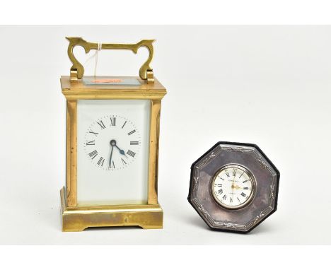 A BRASS CARRIAGE CLOCK AND A MANTLE CLOCK, non-working carriage clock with a white dial, Roman numerals and blue hands, toget