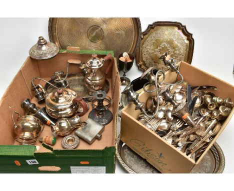 TWO BOXES OF ASSORTED WHITE METAL WARE AND CUTLERY, to include a pair of three branch candle sticks (one is broken into two p