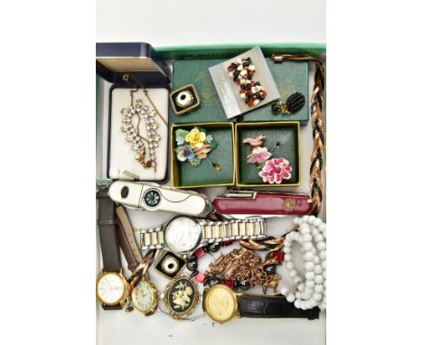 A BOX OF ASSORTED ITEMS, to include a gents 'Rotary' wristwatch, round silver dial signed 'Rotary, 200 metres', baton markers