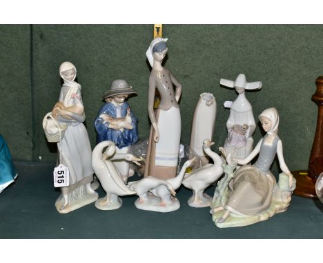 A GROUP OF LLADRO FIGURINES, comprising Girl with Cockerel 4591 and a broken Girl with Lamb 4505 figurine both by Fulgencio G