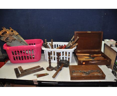 THREE BASKETS AND WOODEN BOXES CONTAINING TOOLS including Spear and Jackson, Disstons etc Saws, wood turning chisels, hammers