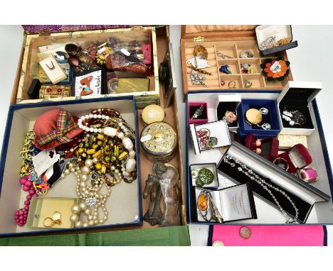 A BOX OF WHITE METAL AND ASSORTED ITEMS, to include a white metal and copal bangle, a white metal button hole, a white metal 