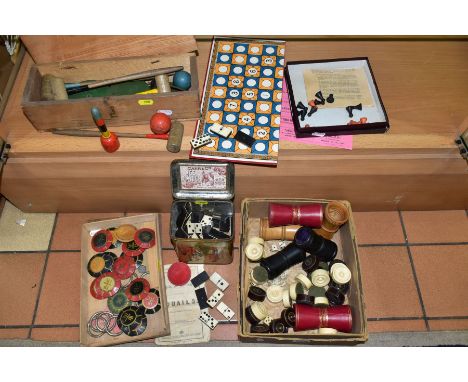 A SMALL QUANTITY OF VINTAGE GAMES, comprising a set of Squails, possibly by Jaques, a boxed 'Table croquet', yellow ball miss