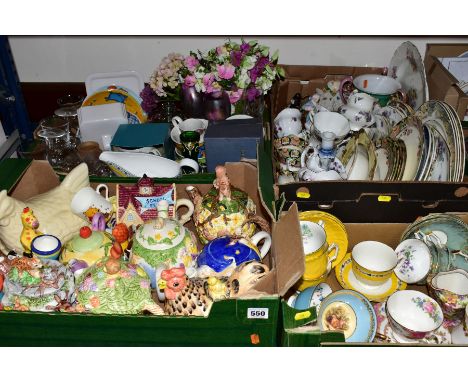 FOUR BOXES OF ASSORTED CERAMICS AND GLASS ETC, to include a small box of Aynsley printed pattern tea wares, Royal Albert Lady