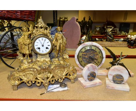 AN ART DECO MARBLE CLOCK GARNITURE DEPICTING A BRONZED BIRD IN FLIGHT, approximate maximum height 12cm, together with a 19th 