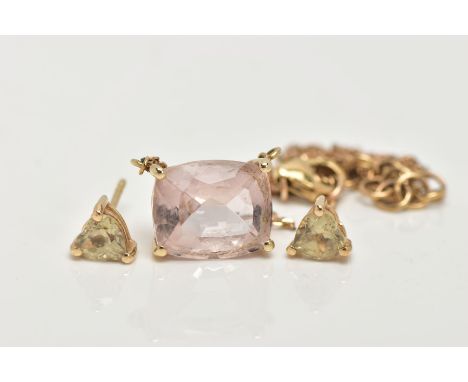 A YELLOW METAL GEMSET NECKLACE AND EARRINGS, a cushion cut light pink morganite, in a four prong yellow metal setting, fitted