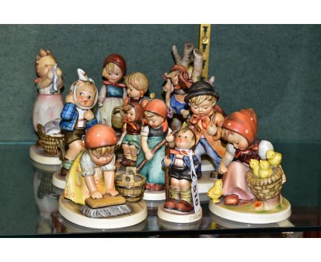 A COLLECTION OF THIRTEEN HUMMEL FIGURES, comprising Big Housecleaning 363, Chick Girl 57/I, Little Hiker 16, Boy With Toothac