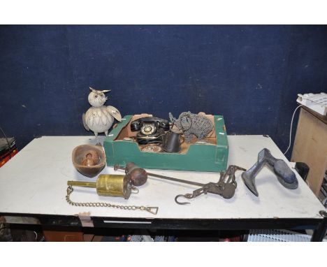 A TRAY CONTAINING VINTAGE COLLECTABLES including four frame French painted transfer printed ceramic lids, an ornate telephone