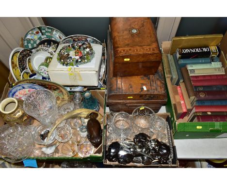 FOUR BOXES AND LOOSE CERAMICS, GLASSWARE, TIN TRUNK, BOOKS, WATERCOLOURS, PRINTS, ETC, including assorted drinking glasses, l