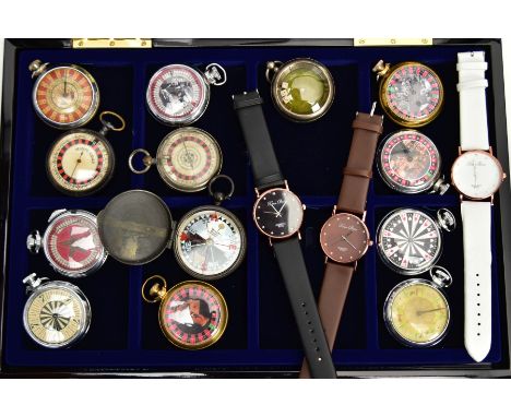 A DISPLAY CASE FILLED WITH NOVELTY POCKET WATCHES A COMPASS AND THREE WRISTWATCHES, to include twelve various casino style no