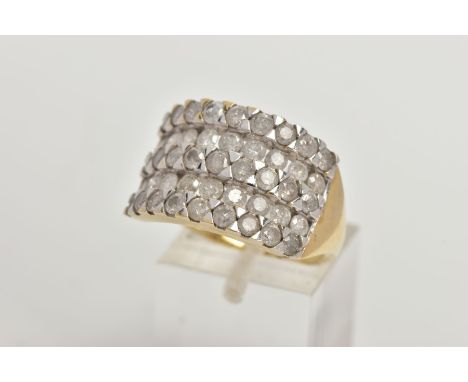 A 9CT GOLD FIVE ROW DIAMOND RING, forty five round brilliant cut diamonds prong set in white gold, estimated total diamond we