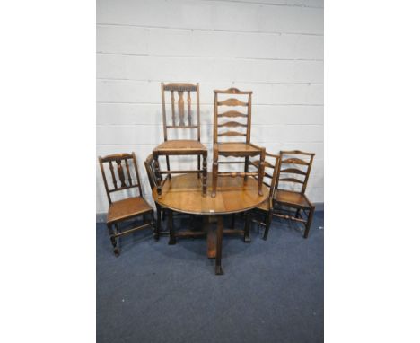 AN ART DECO OAK OVAL GATE LEG TABLE, open length 120cm x closed length 23cm x depth 90cm x height 73cm, three elm ladderback 