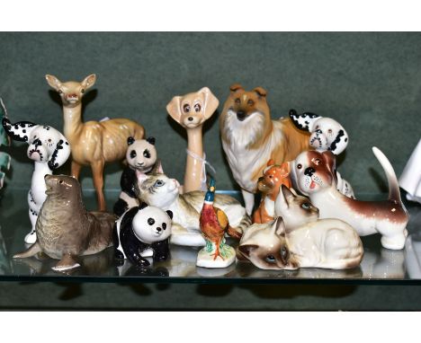 THIRTEEN CERAMIC ANIMAL AND BIRD FIGURES, to include two Beswick Puppit Dogs 1002, other Beswick figures comprising Comical D