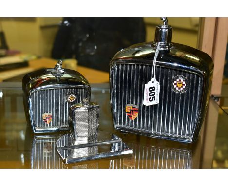 THREE NOVELTY JAGUAR CAR RADIATOR ITEMS, comprising a chromed pen rest, a Japanese Royal London desk lighter, height 11cm and