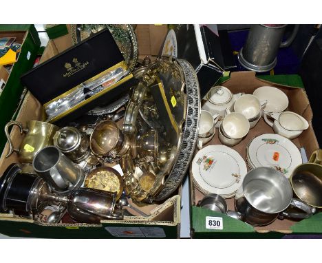 TWO BOXES OF ASSORTED WHITE METAL WARE AND A TWENTY ONE PIECE SYLVAN NURSERY WARE TEA SET, the tea set printed with Nursery R