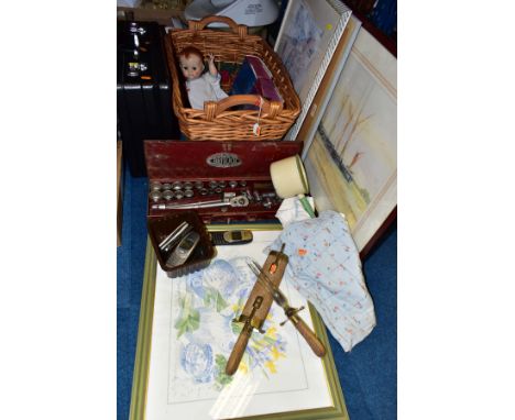 A WICKER HAMPER AND LOOSE TOOLS, PICTURES, BRIEFCASE AND SUNDRY ITEMS to include a vintage Britool socket set in a red metal 