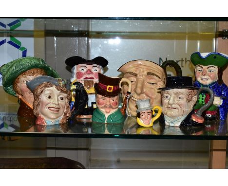 EIGHT ASSORTED CERAMIC TOBY AND CHARACTER JUGS, including Royal Doulton large  ''arriet' D6208 and 'Farmer John', cracked fro