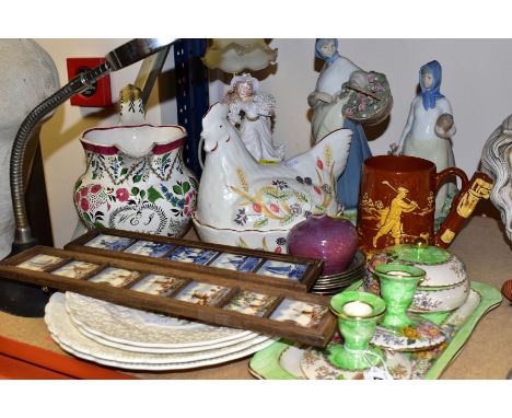 A GROUP OF CERAMICS AND METALWARE, comprising a Maling 'Peony Rose' pattern four piece dressing table set, a William IV potte