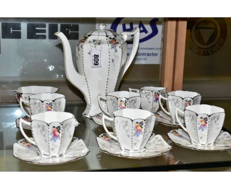 A SHELLEY 11498 QUEEN ANNE SHAPE FIFTEEN PIECE COFFEE SERVICE IN THE PEACHES AND GRAPES PATTERN, comprising a coffee pot and 